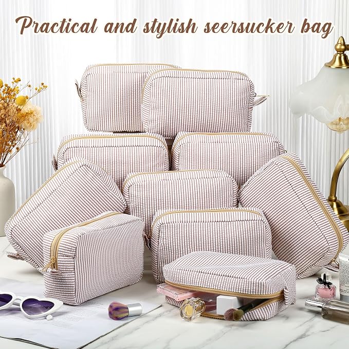 Sanwuta 10 Pcs Seersucker Cosmetic Bag Seersucker Makeup Bag Women Stripe Large Travel Toiletry Organizer Preppy Storage Pouch for Embroidery Wedding Bridesmaid Bride Mom (Khaki) - Image 4