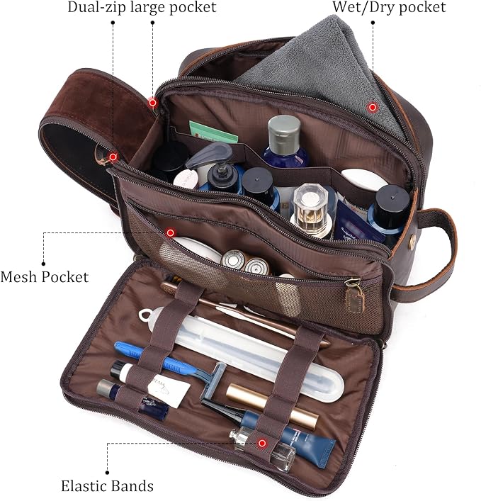 Polare Toiletry Bag Full Grain Leather Shaving Kit Dopp Kit Travel Case Wash Bag with YKK Zippers - Image 4