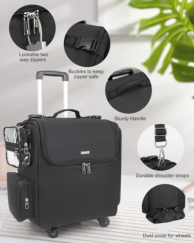 Relavel Rolling Makeup Train Case, Hairstylist Traveling Bag with 4 Wheels, Heat Insulation Full Layer, Adjustable Dividers, Hair Tools and Cosmetics Storage Organizer Trolley Suitcase Makeup Cart - Image 8