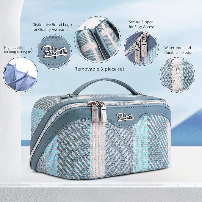 BOYATU Travel Makeup Bag Cosmetic Bag for Women: 3 Pcs Set Make up Bag with Compartments - Waterproof Vegan Leather Toiletry Bags with Handle - Makeup Organizer for Travel Essentials(C-1-Blue) - Image 2