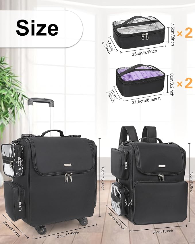 Relavel Rolling Makeup Train Case with Hair Stylist Backpack, Hairstylist Traveling Bag with 4 Wheels, Heat Insulation Full Layer, Adjustable Dividers, Hair Tools and Cosmetics Storage Organizer - Image 5
