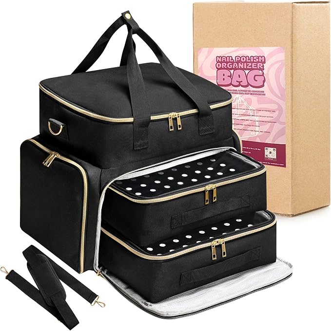 DERSTUEWE Nail Polish Organizer Case – Waterproof Travel Bag with Hard Bottom – Double Layer Nail Storage Bag with Adjustable Dividers & Nail Lamp Compartment (Black) by Derstuewe