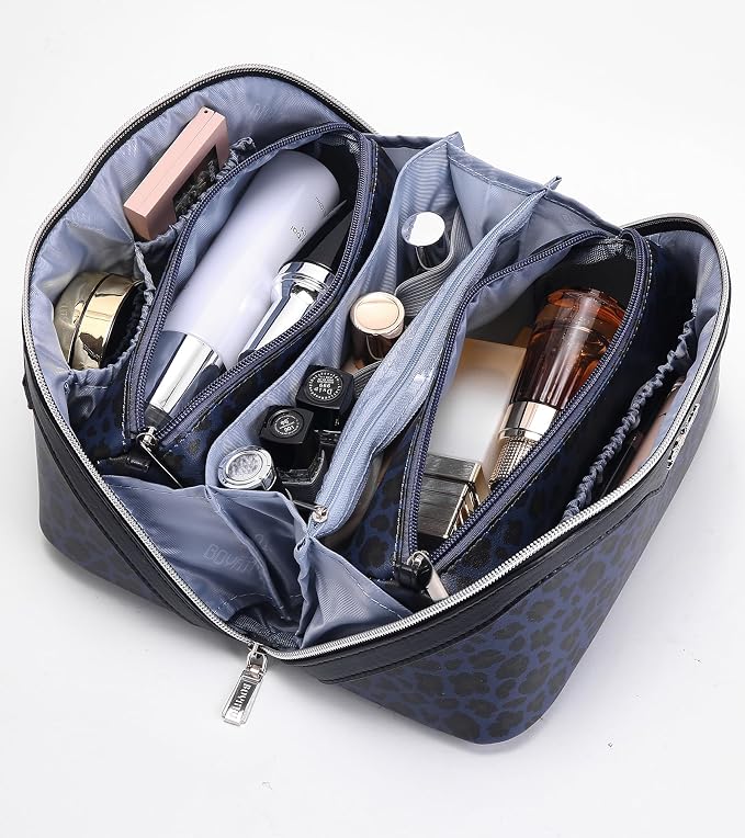 BOYATU Travel Makeup Bags Cosmetic Organizer Bag: 3 Pcs Set Large Capacity Make up Bag with Compartments - Waterproof Leather Toiletry Bags with Handle for Women (B-Blue) - Image 6