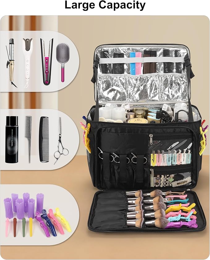 Relavel Hair Tools Travel Bag Hairstylist Traveling Bag Dual Layer Hairdresser Cosmetology Bag Storage Organizer Case for Hair Stylist Essentials, Barber Accessories with Adjustable Dividers - Image 3