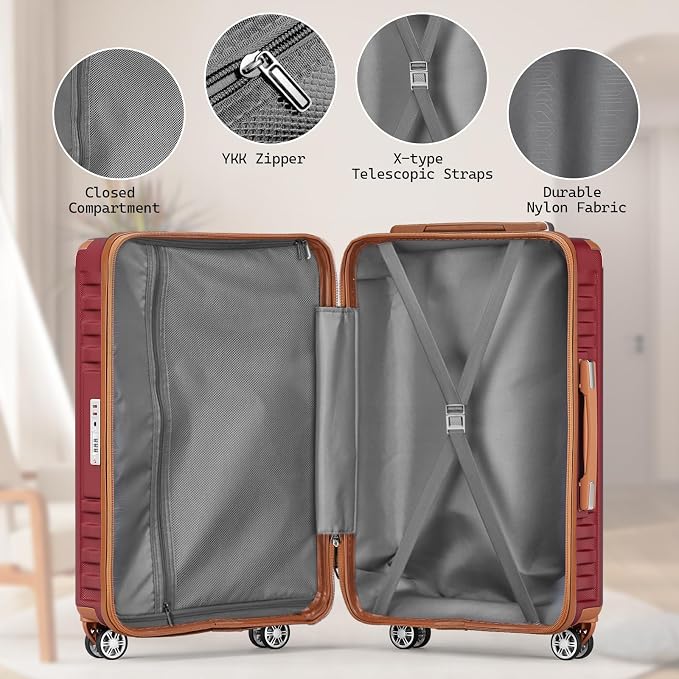 Melalenia Suitcase Sets 6 Piece Hard Shell Carry on Luggage with Spinner Wheels and TSA Lock, Lightweight Travel Backpack for Women, Men, Red Brown - Image 7