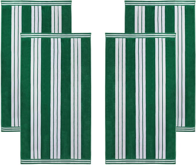 Superior Oversized Cotton Beach Towel Set of 4, Absorbent Towels for Bathroom, Beach, Pool, Swim, Adults, Kids, Vacation, Travel, Bath, Quick Dry Basics, Trip Essentials, Striped Decor, Dark Green - Image 2