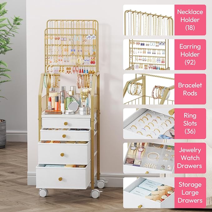 SWTYMIKI Gold Jewelry Organizer Stand - Multifunctional Rack Tower for Necklace, Earring, Ring & Bracelet Display - Moveable Storage Jewelry Holder Stand with 4 Nonwoven Drawers for Bedroom Gold - Image 2