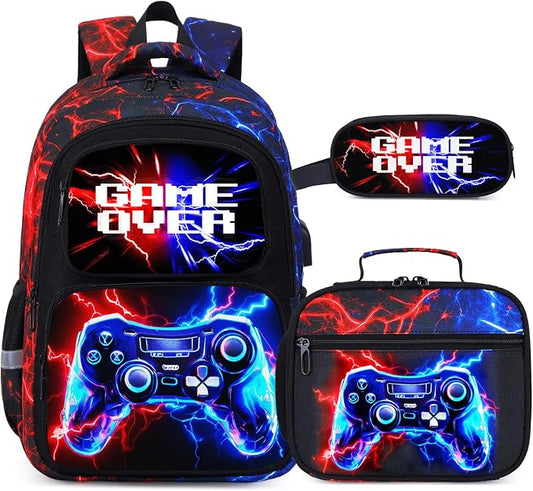 Bevalsa Backpack for Boys, School Bags for Kids, Bookbag for Boys Children Teens Backpacks for Elementary Middle High School Student, Bookbag Set with Lunch Bag & Pencil Case (Red Blue Lightning) by Bevalsa
