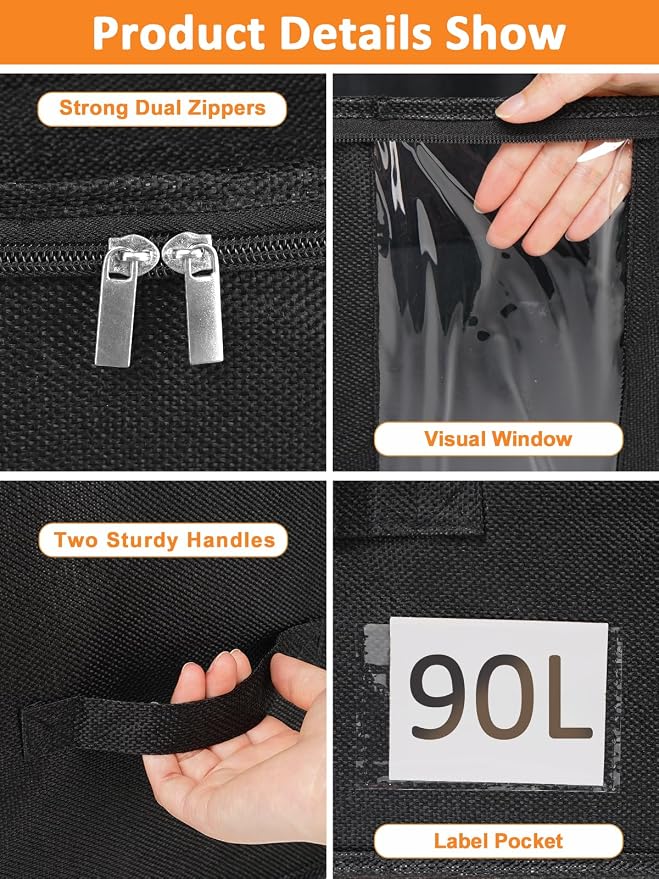 90L Blanket Storage Bags, Extra Large Comforter Storage Bag with Clear Window & Reinforced Handles, Stackable Bedding Organizer for Quilts, Duvets, Pillows, Seasonal Clothes，25.6x17.3x11.8in, Black - Image 7