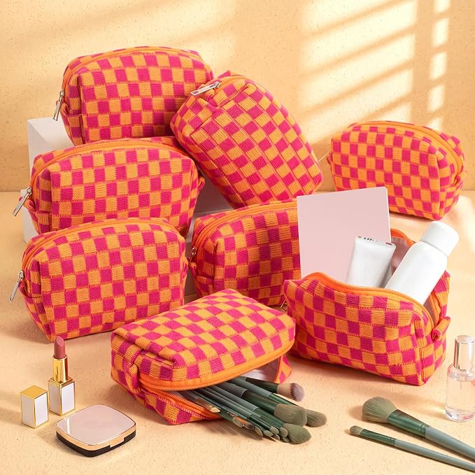 Gilprop 8 Pcs Checkered Makeup Bag for Purse Small Cosmetic Pouch Bulk Portable Zipper Makeup Pouch Travel Toiletry Organizer Gifts for Women Bridesmaid Wedding Party Favors (Red Orange) - Image 4