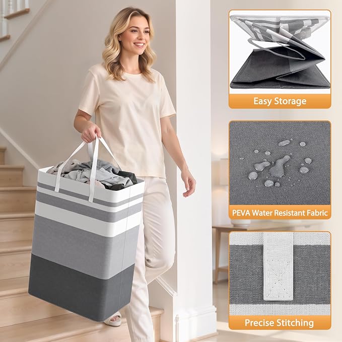 HomeHacks 2 Pack Large Laundry Baskets, Waterproof, Freestanding Laundry Hampers, Collapsible Clothes Hamper with Reinforced Handles in Laundry Room, College Dorm, Bathroom, Bedroom (Grey, 75Lx2) - Image 6