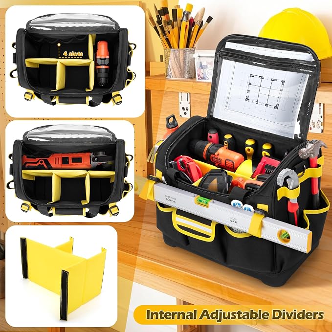 15-Inch Tool Bag with Hard Bottom, Electrician Tool Box Organizer | Detachable Dividers, Multiple Pockets, Reflective Strips, Padded Handle & Shoulder Strap, Ideal for Repairman, Craftsman - Image 2