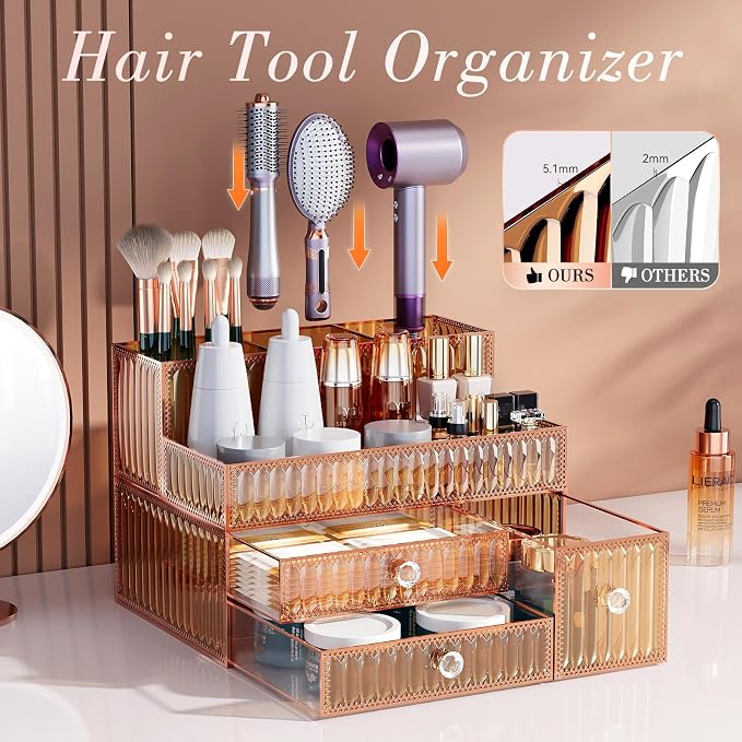 Youdepot Makeup Organizer Golden- Tempered Glass Vanity Organizer for Cosmetics, Skincare, Hair Tools, Brushes, Perfume - Multipurpose Bathroom Counter Skincare Organizer - Image 2