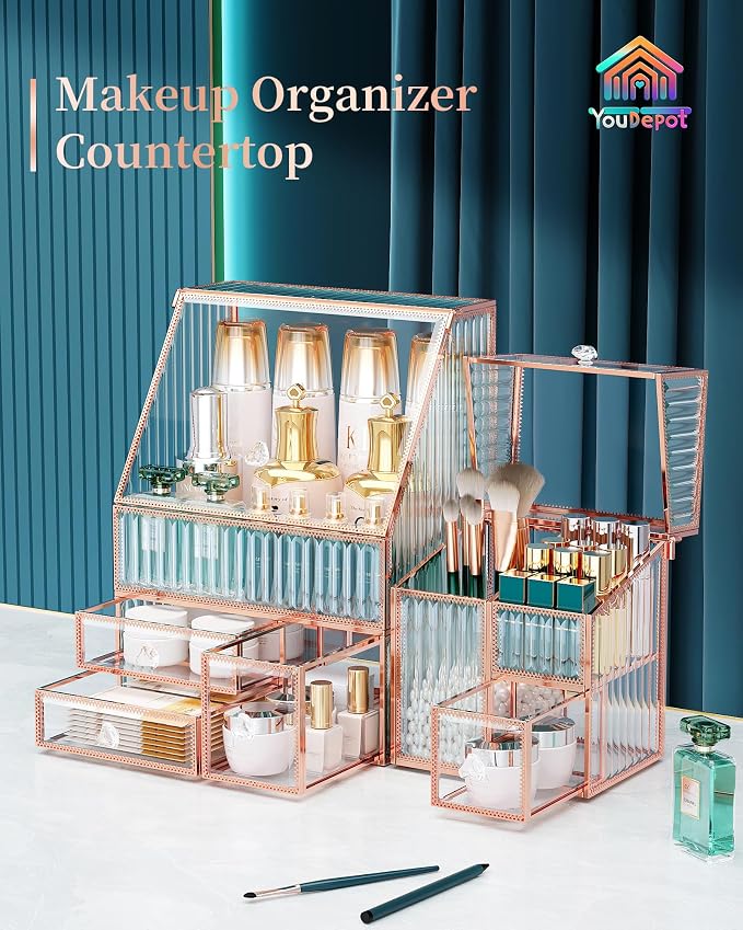 Youdepot Glass Makeup Organizer - Multi-Functional 3-in-1 Cosmetic Organizer for Skincare, Lipstick, Brushes - Vanity Organizer & Bathroom Organizer - Image 6