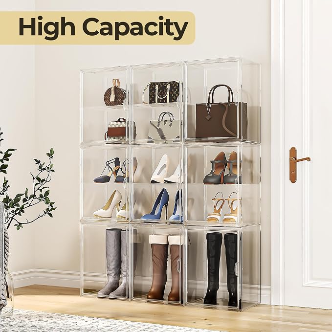 15.75''x11.81''x9.84'' XX-Large Clear Shoe Storage Boxes with Divider, Stackable Plastic Boot Boxes with Magnetic Door, Acrylic display case Box with Lids for Sneaker Purses Handbags Books (3) - Image 2