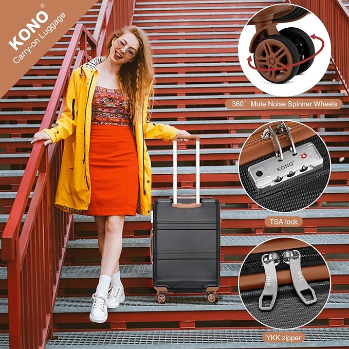 Kono 24 Inch Luggage Suitcase with Spinner Wheels TSA Lock | Lightweight PC+ABS Hardside Medium Checked Luggage Durable Rolling Suitcase Apricot Black - Image 5