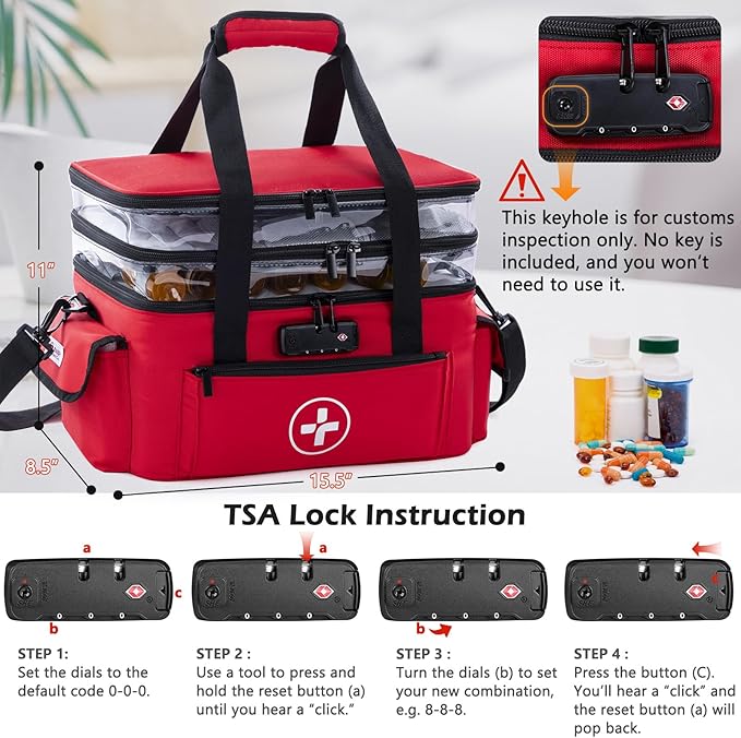 BAGSFY 3-Tier Medicine Organizer with Combination Lock – Large Medicine Bag, Empty First Aid Kit Case, Pill Bottle Medical Supply Organizer, Travel Prescription Bag, Medication Storage Container - Image 2
