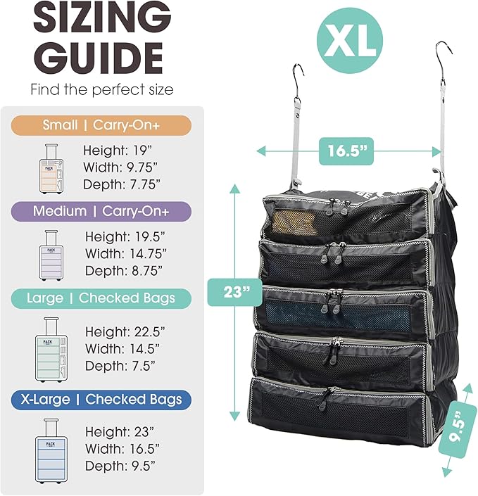 Pack Gear Hanging Suitcase Organizer - Our XL Hanging Luggage Organizer Perfectly Fits Any Suitcase - Our Packing Cubes For Travel Use Mesh Windows to Make Finding Any Outfit Easy (Black, XL) - Image 5