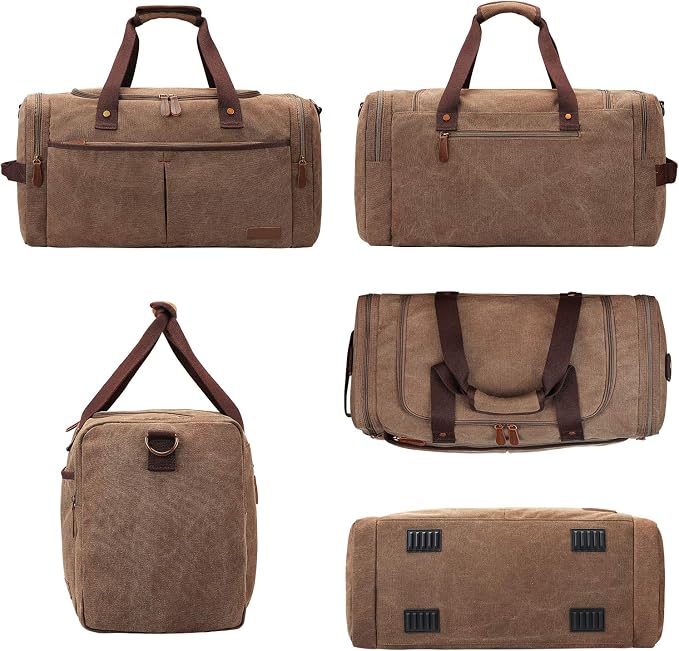 S-ZONE Canvas Travel Duffel Bag Weekend Overnight Bag for Men and Women | Water-resistant, X-Large Size, Multi-Pockets, Removable Shoulder Strap, for Gym or Travel, Coffee - Image 6