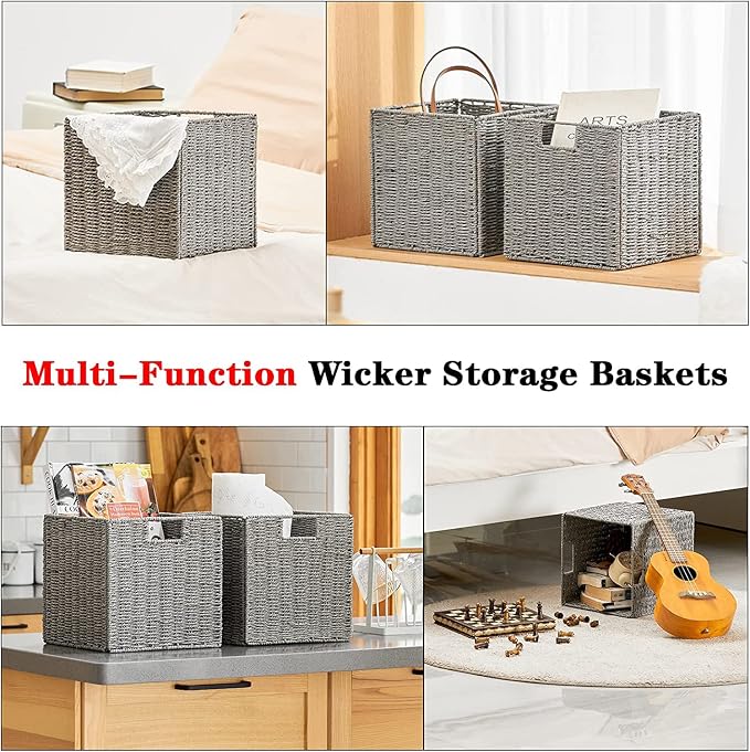 Vagusicc Wicker Basket, Set of 2 Hand-Woven Wicker Storage Basket, Foldable 11 inch Cube Storage Bins, Storage Baskets for Organizing Shelves, Closet Organizers and Storage Bins, Gray (11″×11″×11″) - Image 4