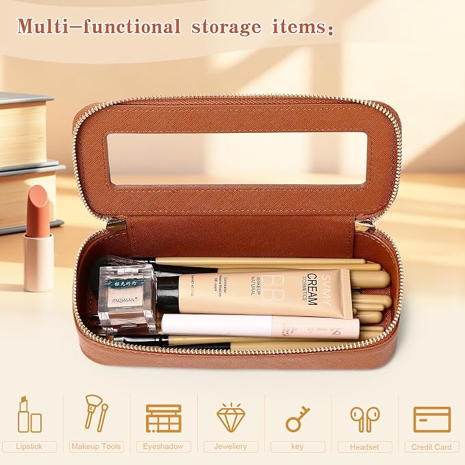 Makeup Brush Bag, Brown, SLIM | Clear, Travel Cosmetic Case, Brush Holder, Waterproof, Zipper Purse Organizer - Image 5