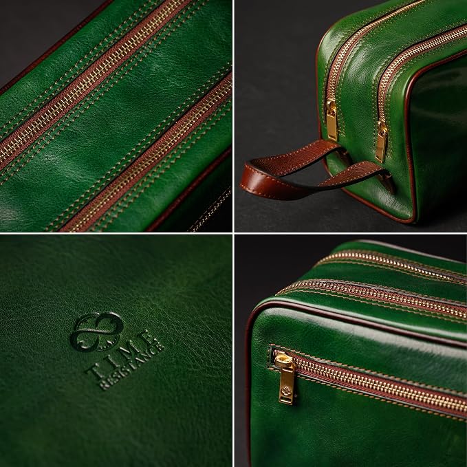 Time Resistance Leather Cosmetic Bag - Italian Toiletry Dopp Kit (Green) - Image 5