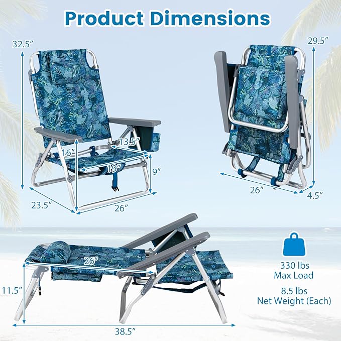 Giantex Folding Beach Chair, Patio Sling Chairs with 5 Adjustable Position, Head Pillow, Storage Bag, Towel Bar, Cup Holders, Backpack Chairs for Sunbathing, Camping Chair - Image 2
