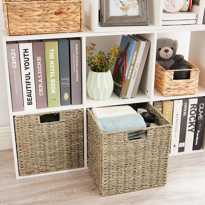 Vagusicc Wicker Storage Basket, Set of 2 Seagrass Storage Baskets, Foldable Wicker Basket 9 Inch Square Cube Storage Bins Storage Baskets for Organizing Shelf Baskets, 9''x9''x9'' - Image 2