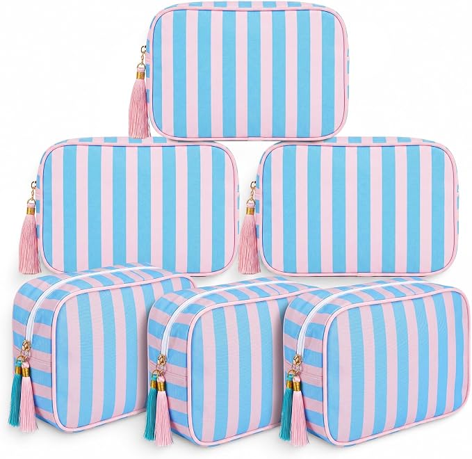 Kacctyen 6 Pack Peony Pink and Slate Blue Striped Makeup Bag bulk with Tassel Travel Cosmetic Pouch Organizer Large Zipper Toiletry Case for Women Aesthetic Storage Pouch Mahjong Tile Bag by Kacctyen