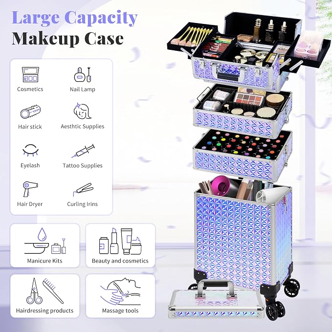 AROUS 5 in 1 Rolling Makeup Train Case with Lid Cosmetology Case on Wheels | Large Cosmetic Trolley Organizer with Keys Salon Barber Case Traveling Cart Trunk for Artist Hairstylists Nail Tech, Silver - Image 4