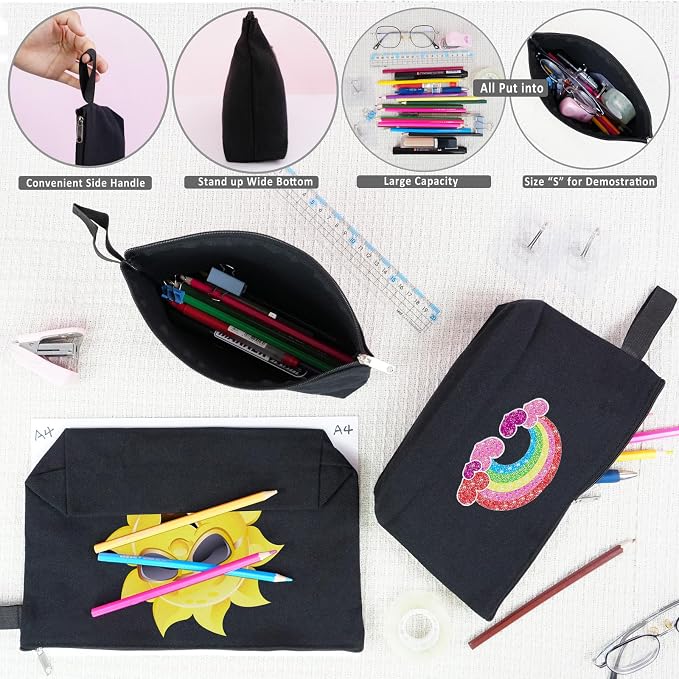 Koolmox 20 Pcs Canvas Zipper Pouches with Bottom, Bulk Blank Canvas Makeup Bags Multi-purpose Cotton Pouch for Pencil Bag Stationery Bag Print Paint Art Crafts Bags (Black, S, 9x4.7x1.5'') - Image 3