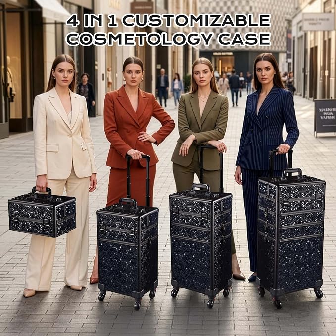 BYOOTIQUE Rolling Makeup Case 4in1 Cosmetology case on wheels Makeup Artist | Aluminum Rolling Makeup Suitcase with 360 Detachable Wheel Lockable 54Lb Large Capacity Organizer Nail Tech Mermaid Black - Image 5