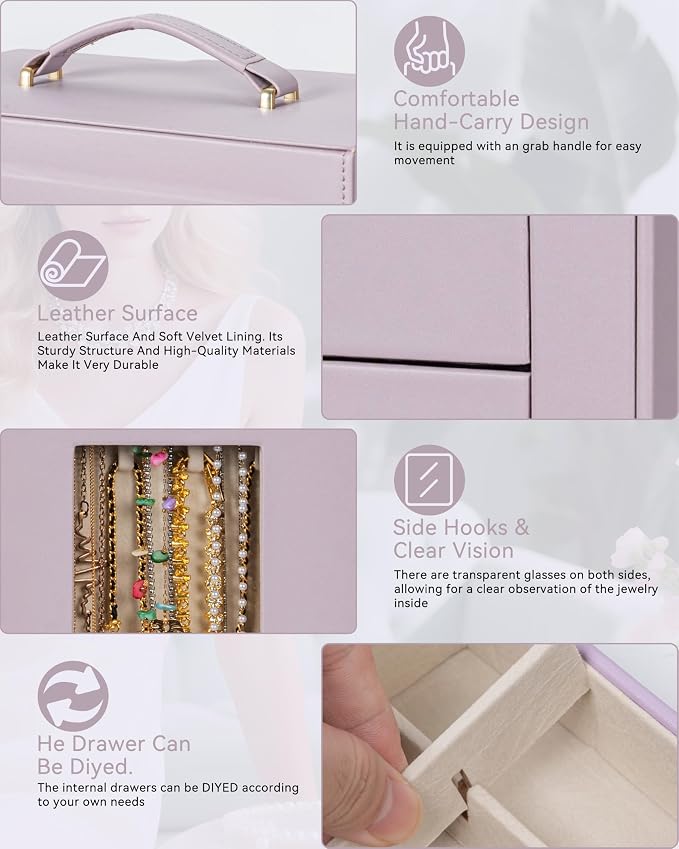 AKOZLIN 6-Tier Jewelry Box Organizer Functional 5 Drawers Leather Jewelry Storage Case for Women Girls Ring Necklace Earring Bracelet Holder Organizer with Mirror XL Purple 360° Rotating - Image 6