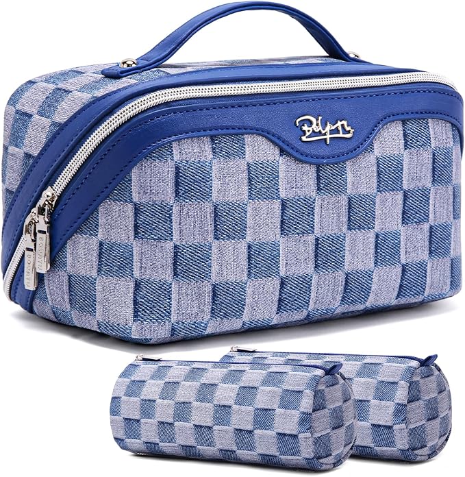 BOYATU Travel Makeup Bag for Women: Large Cosmetic Bag Set of 3 - PU Leather Make up Bag with Compartments - Compact Waterproof Toiletry Bag with Divider & Handle (D-1-Blue) by BOYATU