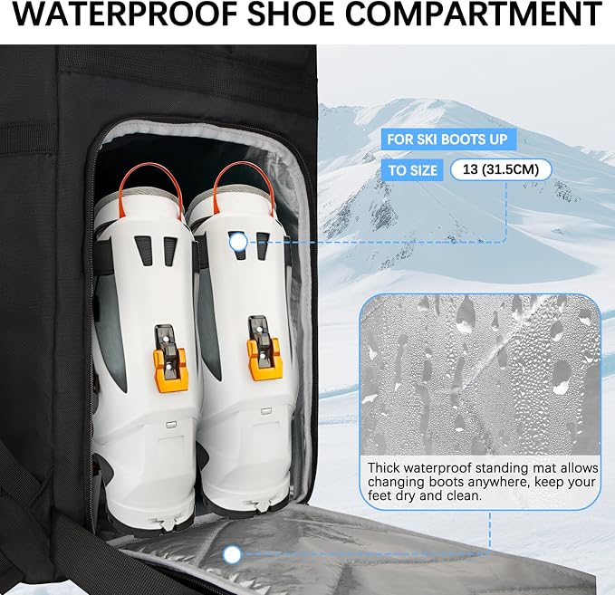 65L Waterproof Ski Boot Bag, Heavy Duty Snowboard Backpack for Helmet Goggles Gear, Air Travel Winter Sports Bag - Image 5