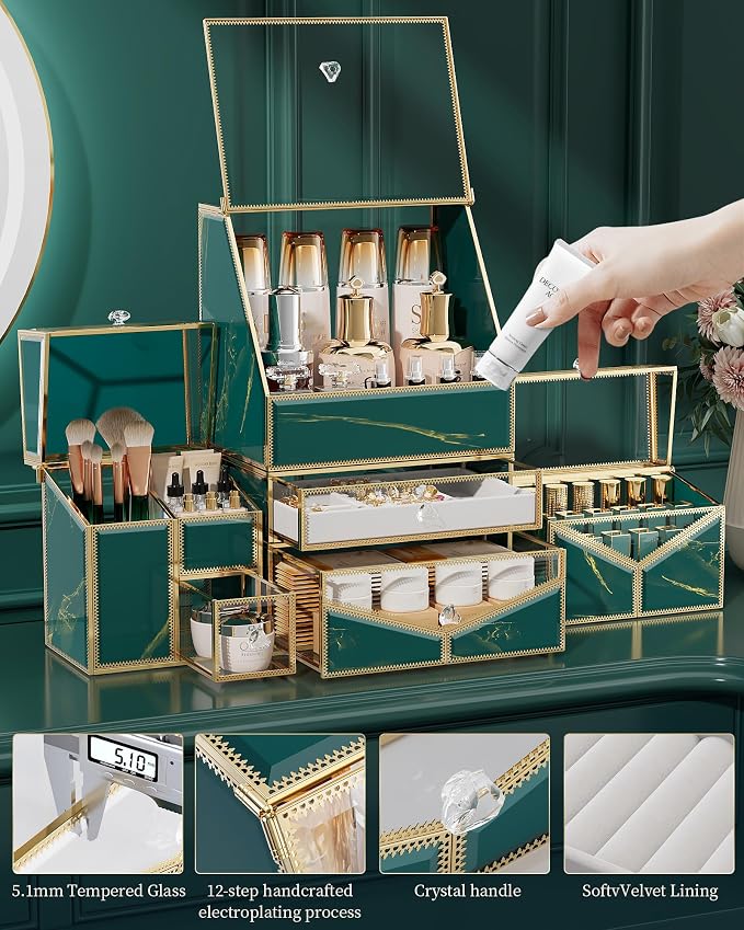 Youdepot Extra Large Glass Makeup Organizer with Drawers | Stackable, For Vanity Table & Bathroom Countertop, Cosmetic & Jewelry Storage, For Skincare, Lipsticks, Perfume, Brushes - Image 5