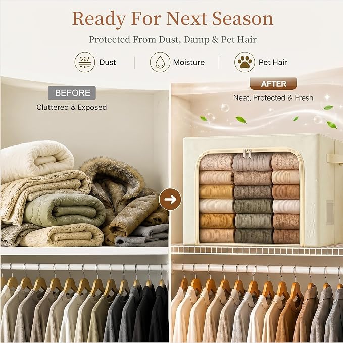 GoMaihe 3 Opening Clothes Storage Bins with Metal Frame, 66L Blanket Storage Organizer for Walk-in Closet Large Storage Boxes with Clear Window for Bedding Winter Clothing 3-Pack Beige - Image 8