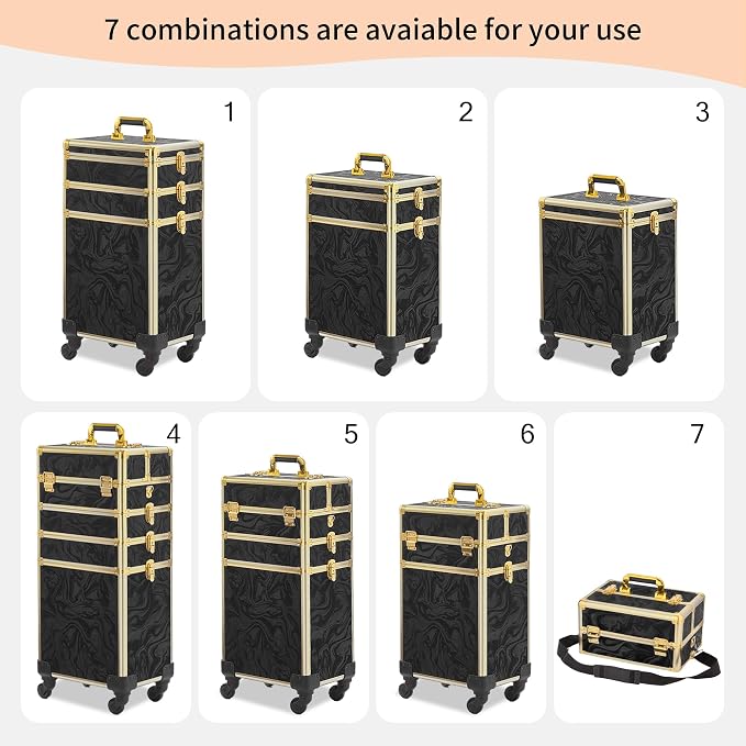 Somduy Rolling Makeup Case, Makeup Train Case with Lid, 5 in 1 Cosmetology Case on Wheels, Christmas Gift, Large Makeup Organizers, Profesional Cosmetic Case for Salon Barber, Pattern Black Gold - Image 2