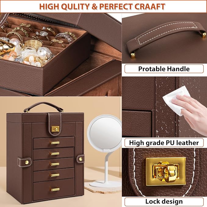 AKOZLIN 6-Tier Jewelry Box Organizer Functional 5 Drawers Leather Jewelry Storage Case for Women Girls Ring Necklace Earring Bracelet Holder Organizer with Mirror Brown Regular - Image 8
