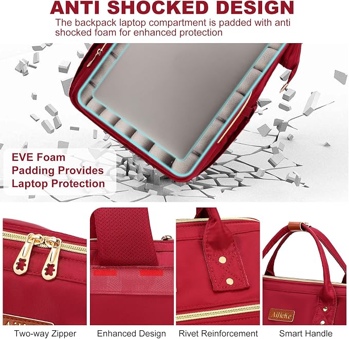 AIJIEKE Lunch Backpack for Women, 15.6 Laptop Backpack, Lunch Box, Red | Water resistant computer bag with insulated leakproof cooler. Travel meal prep backpack for nurse, teacher, college commute - Image 5