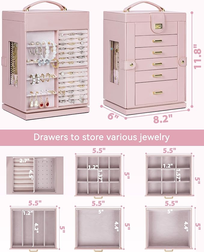 AKOZLIN 6-Tier Jewelry Box Organizer Functional 5 Drawers Leather Jewelry Storage Case for Women Girls Ring Necklace Earring Bracelet Holder Organizer with Mirror Pink 360° Rotating - Image 4