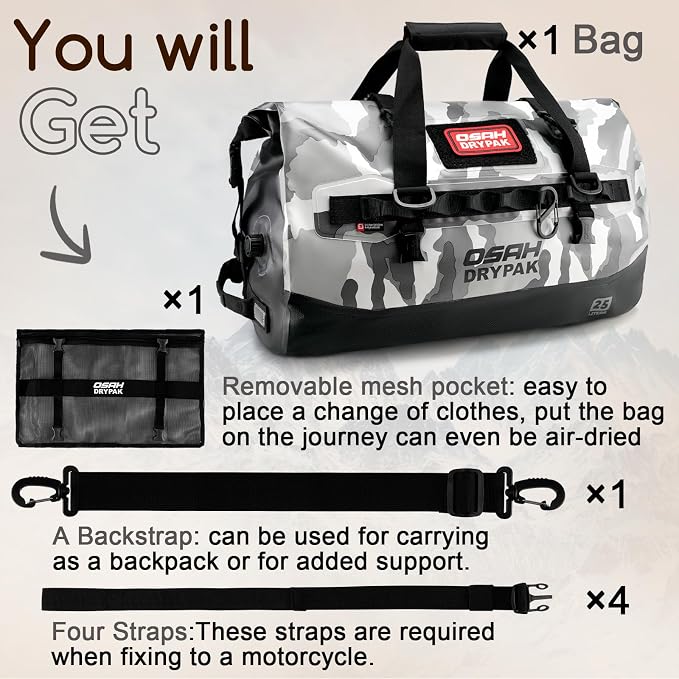 OSAH DRYPAK Waterproof Duffel Bag 25L/40L/60L – Heavy-Duty Motorcycle Tail Bag, Roll-Top Dry Bag for Travel, Camping, Boating, Kayaking, Outdoor Adventure - Image 8