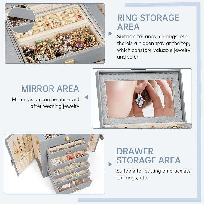 AKOZLIN 6-Tier Jewelry Box Organizer Functional 5 Drawers Leather Jewelry Storage Case for Women Girls Ring Necklace Earring Bracelet Holder Organizer with Mirror Medium Grey - Image 2