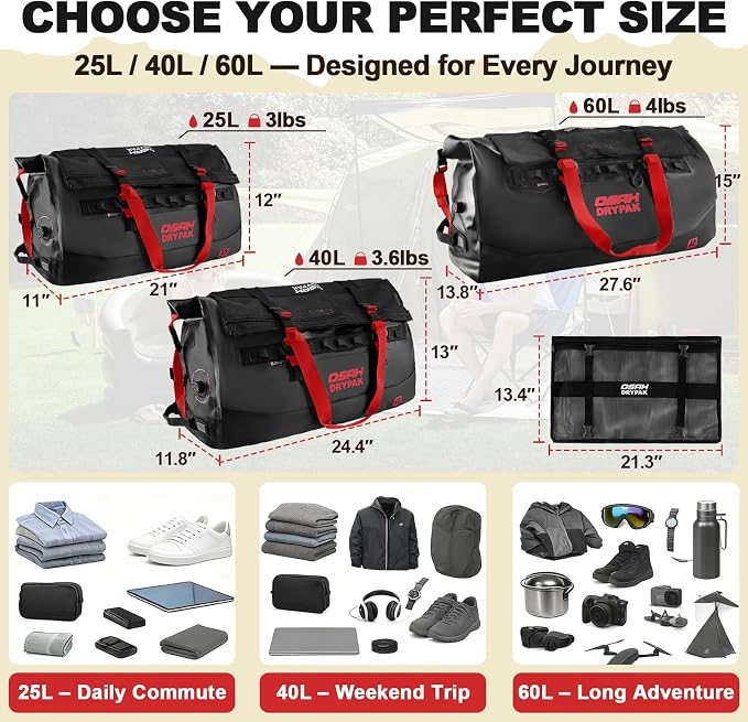 OSAH DRYPAK Waterproof Duffel Bag 25L/40L/60L – Heavy-Duty Motorcycle Tail Bag, Roll-Top Dry Bag for Travel, Camping, Boating, Kayaking, Outdoor Adventure - Image 2