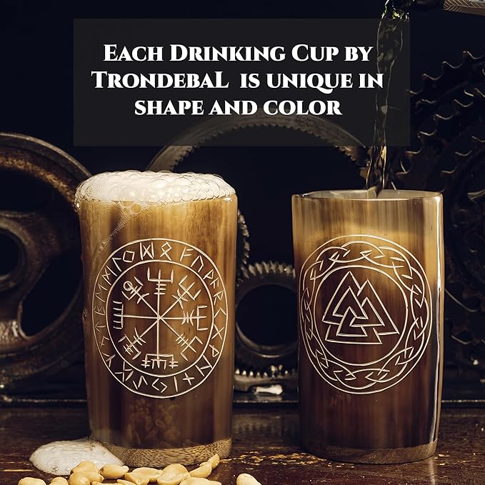 Viking Drinking Horn Mugs Set of 4, beer stein set, Natural Ox Horn Shot Glasses | 10 oz Cool Unique Tumbler, Beer Gift for Men and Women, Handmade Goblet| Medieval Stein for Ale, Mead