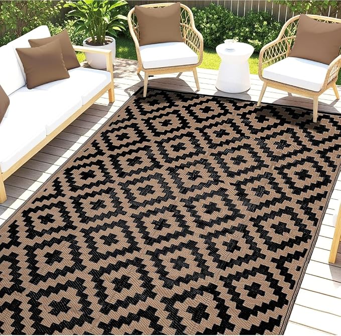Outdoor Rugs, Outdoor Plastic Straw Rug, Reversible Waterproof Carpet for Camping, Poolside, Garden, BBQ Area, Gazebo Flooring, RV Park & Beach, Square Pattern, Black & Brown, 6'x9' by Unknown