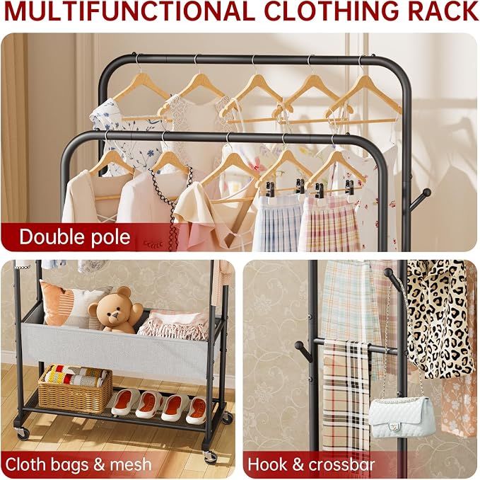 SINGAYE Wardrobe Standing Closet Clothing Rack With Shelf Hanging Clothes | Wardrobe Open Compact Small Metal Garment Hanger Stand Alone Free Standing Black Closet Rack Storage Organizer Heavy Duty - Image 4