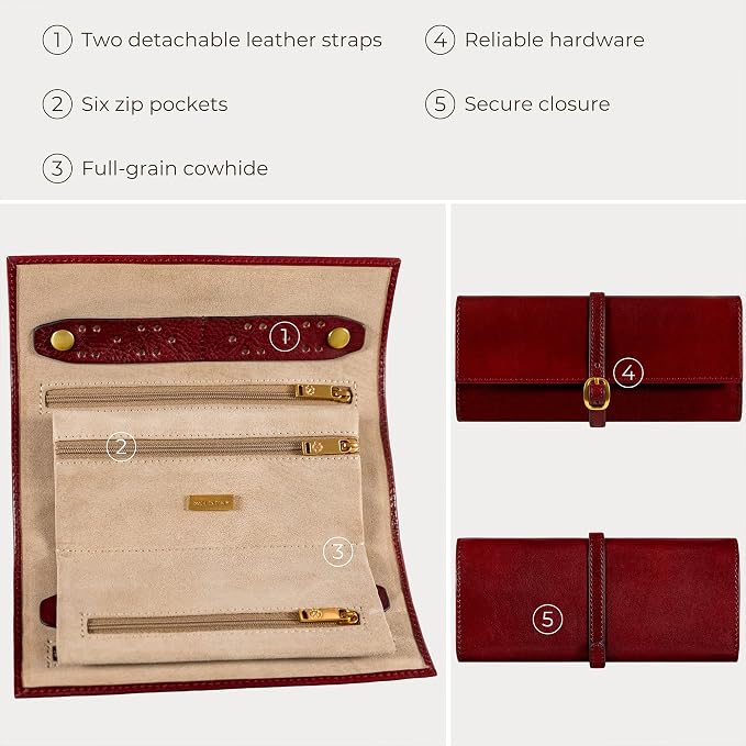 Time Resistance Leather Jewelry Roll - Full Grain Leather Travel Jewelry Case - Jewellery Organizer Made in Italy (Red) - Image 6