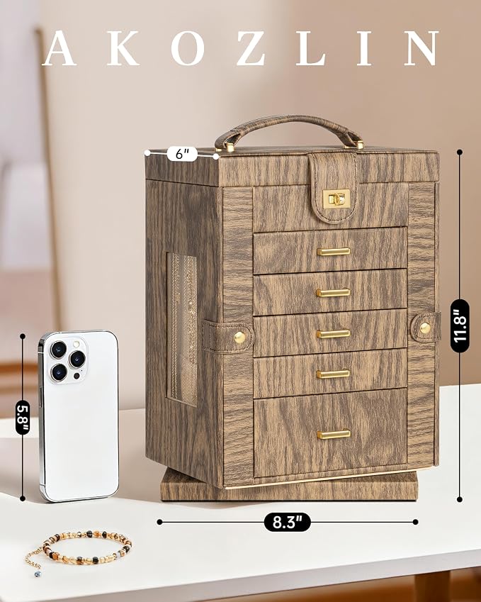 AKOZLIN 6-Tier Jewelry Box Organizer Functional 5 Drawers Leather Jewelry Storage Case for Women Girls Ring Necklace Earring Bracelet Holder Organizer with Mirror Wood Grain 360° Rotating - Image 2