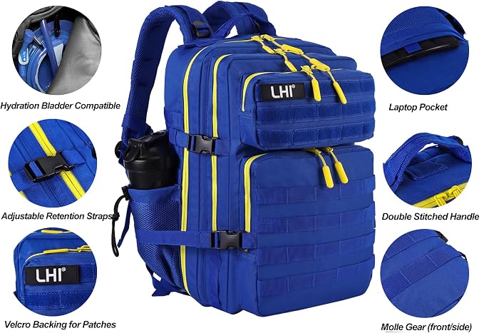LHI Military Tactical Backpack for Men and Women 45L Army 3 Days Assault Pack Bag Large Rucksack with Molle System - Blue with yellow zipper - Image 5